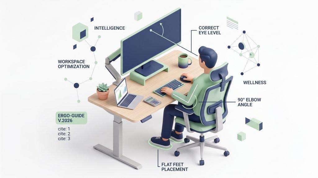Diagram of posture guidelines for ergonomic home office desk setups