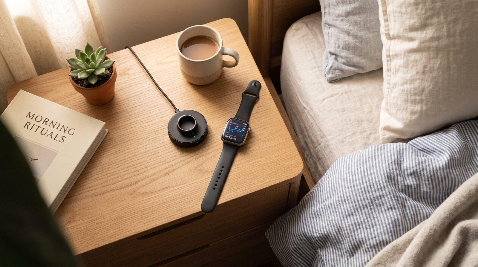 Wearable health tech & sleep trackers setup on a wooden nightstand