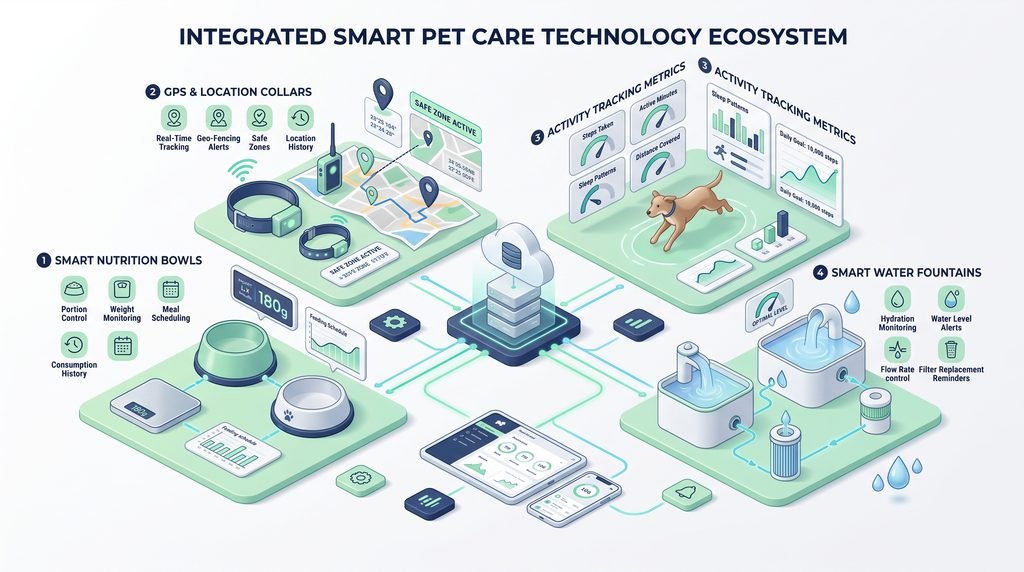 Comparison diagram of smart technology devices for pet health food & smart accessories