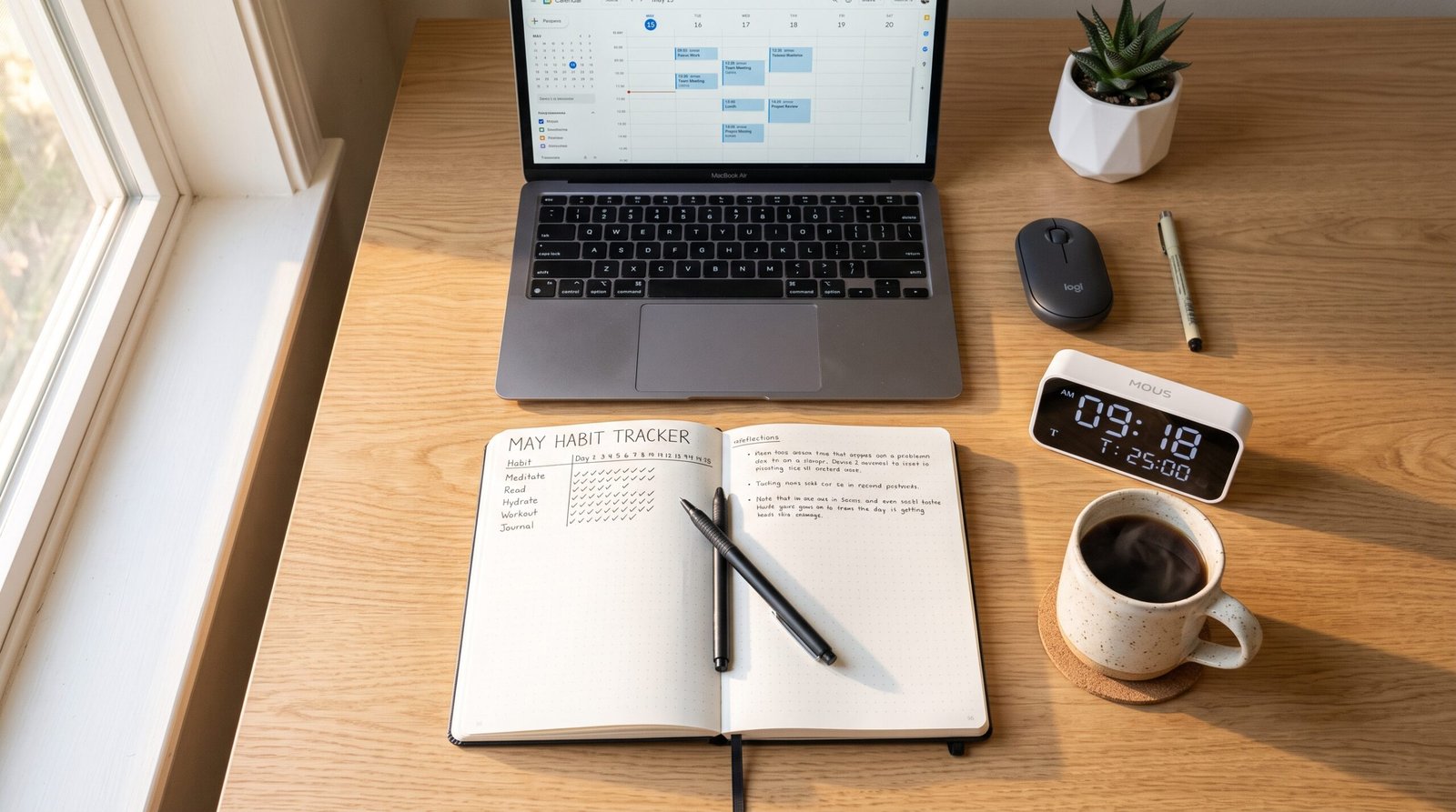 Habit stacking and time management workflow setup on a modern desk