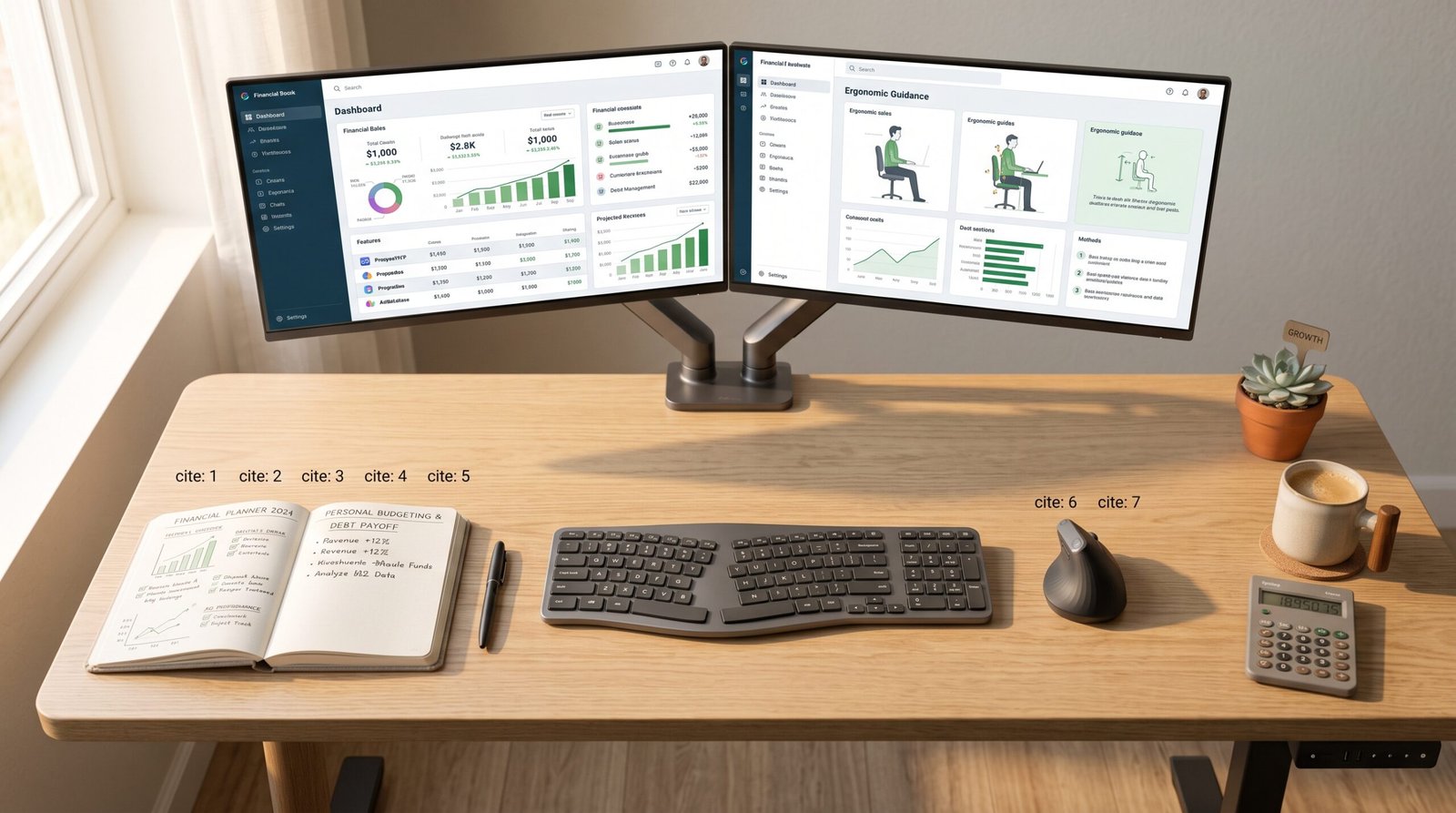 Ergonomic home office desk setups featuring dual monitors standing desk and vertical mouse